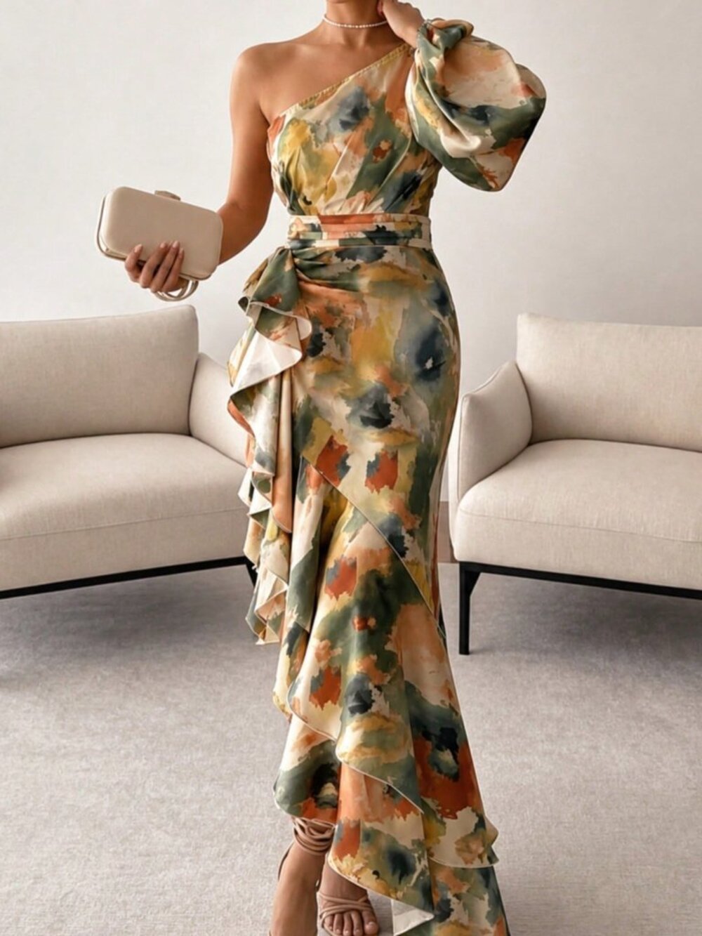 Multicolor Elegant Women's Random Print Asymmetrical Hem Long Maxi Dress